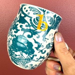 Anthropologie Homegrown Letter b Monogram Mug Green Floral Yellow Initial B